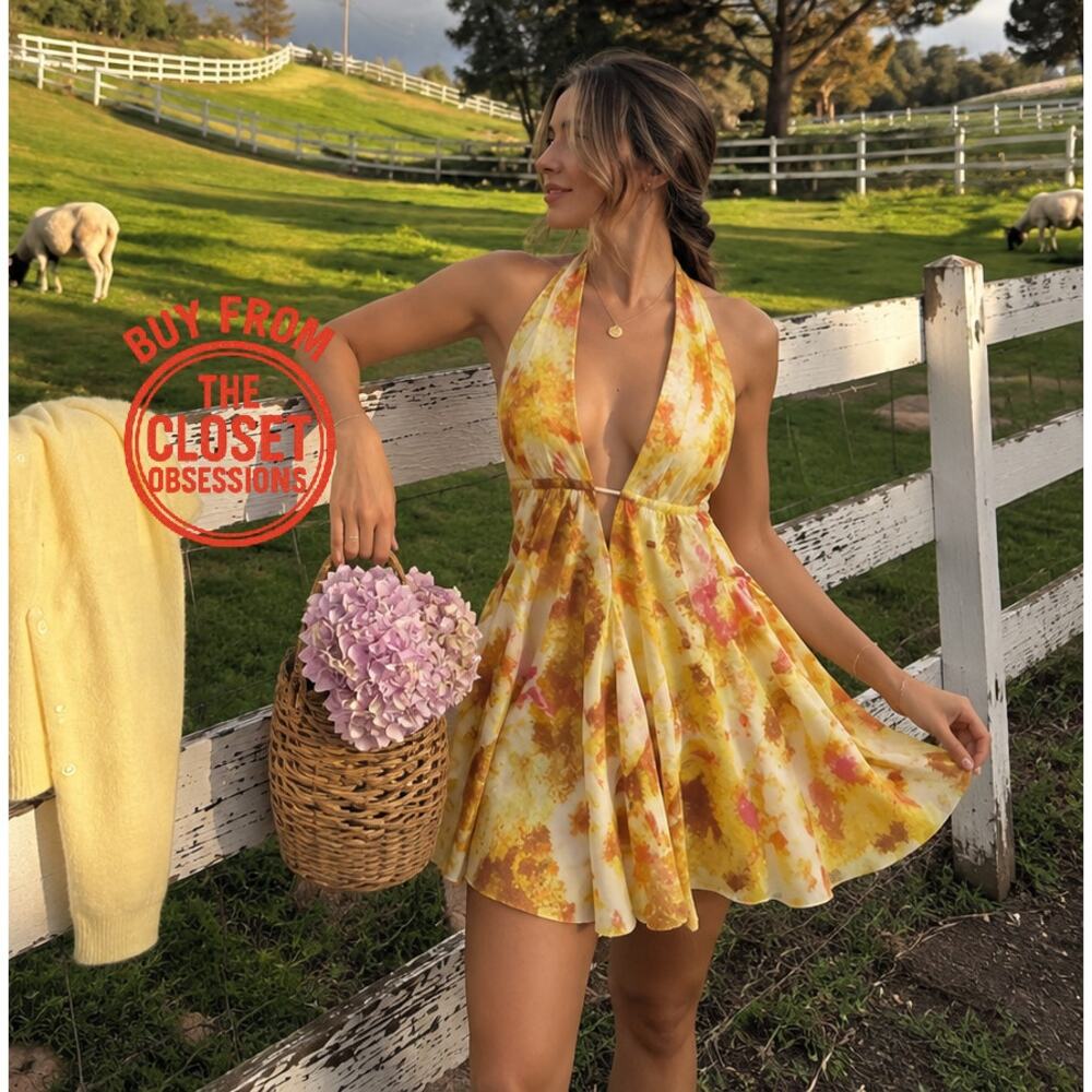 ZARA Yellow Floral Halter Mini Dress Open Back Resort Vacation Sundress NWT - Picture 5 of 16
